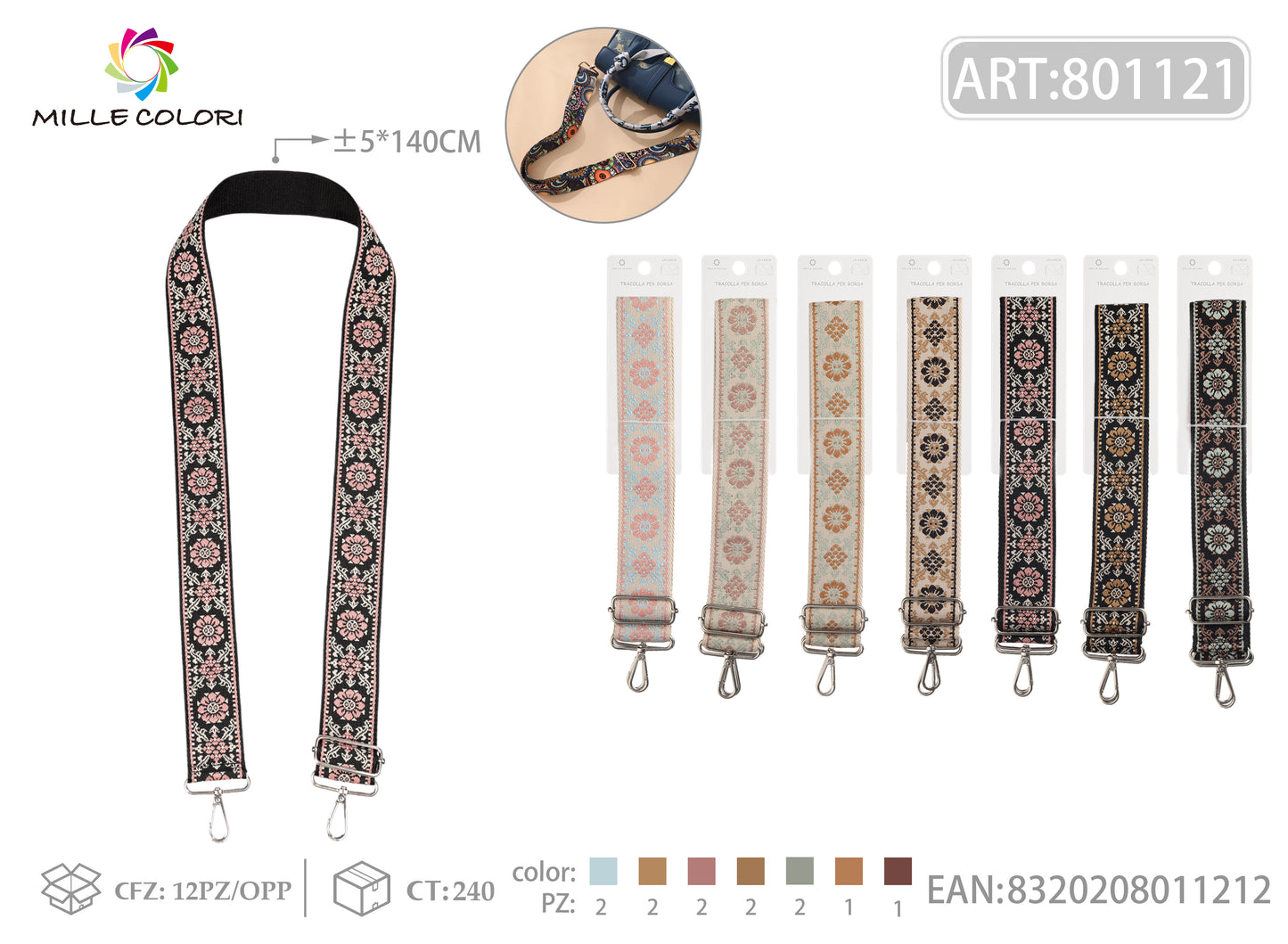 Tracolla Regolabile per Borsa – Cinturino con Motivo Floreale Ricamato, Ganci in Metall -140cm/5cm