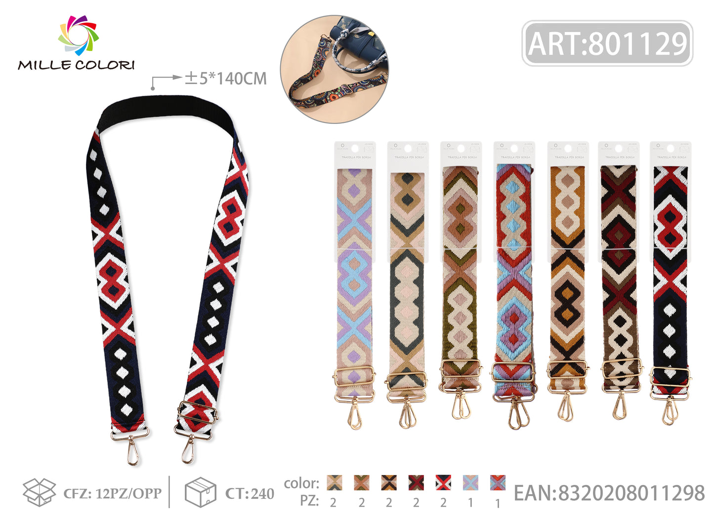 Tracolla Larga 5 cm per Borsa – Cinturino Stile Boho Etnico, Regolabile , Ganci in Metallo Robusto-140cm/5cm