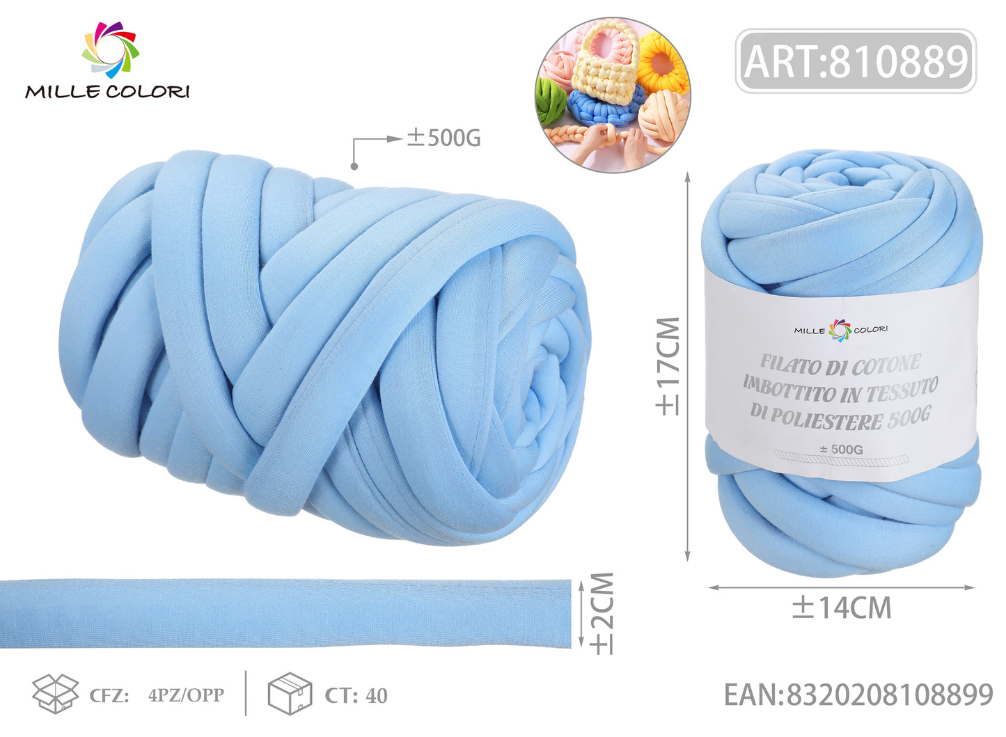 FILATO DI COTONE IMBOTTITO IN TESSUTO DI POLIESTERE 500g Azzurro