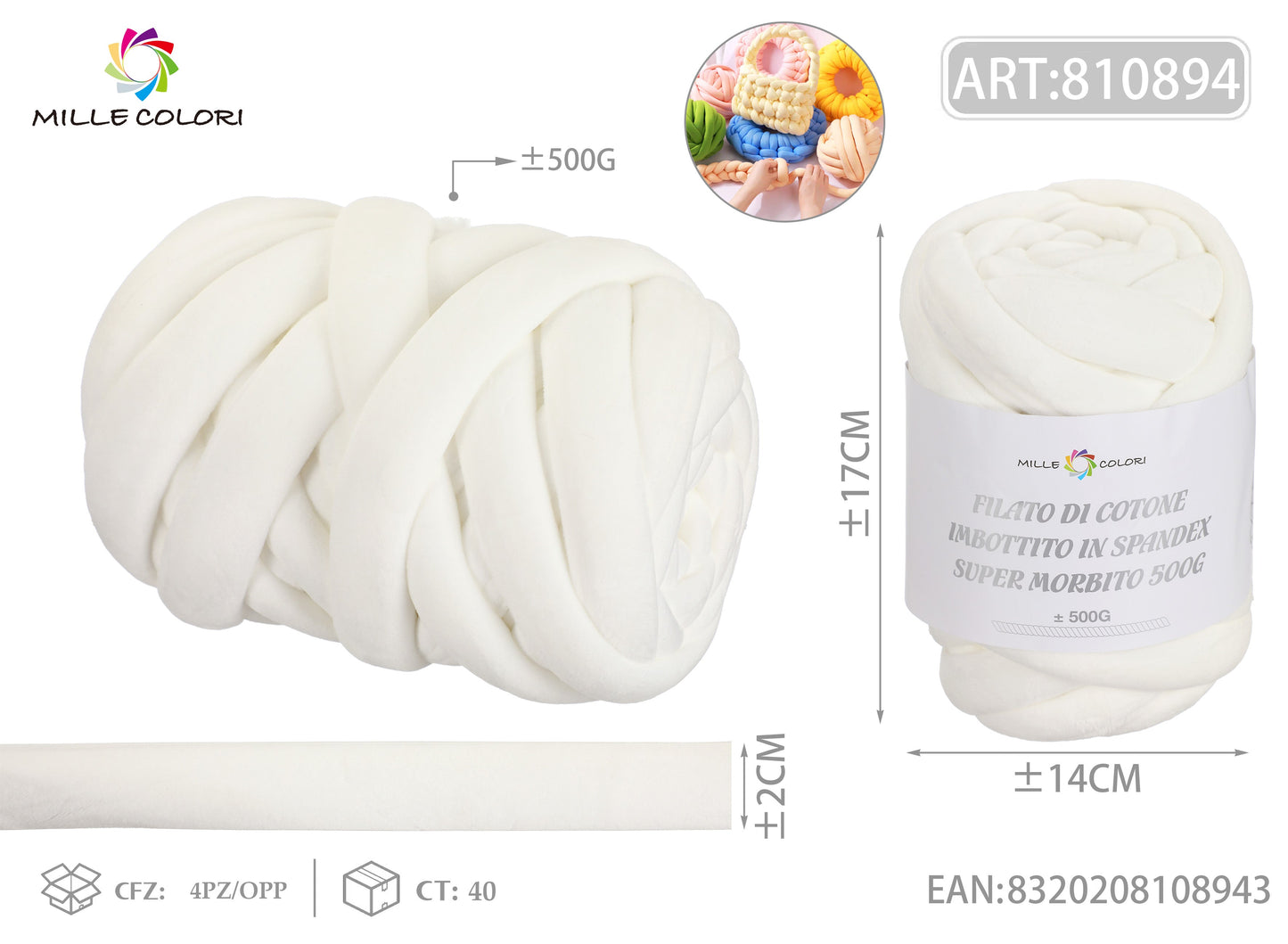 FILATO DI COTONE IMBOTTITO IN SPANDEX SUPER MORBITO 500G Bianco