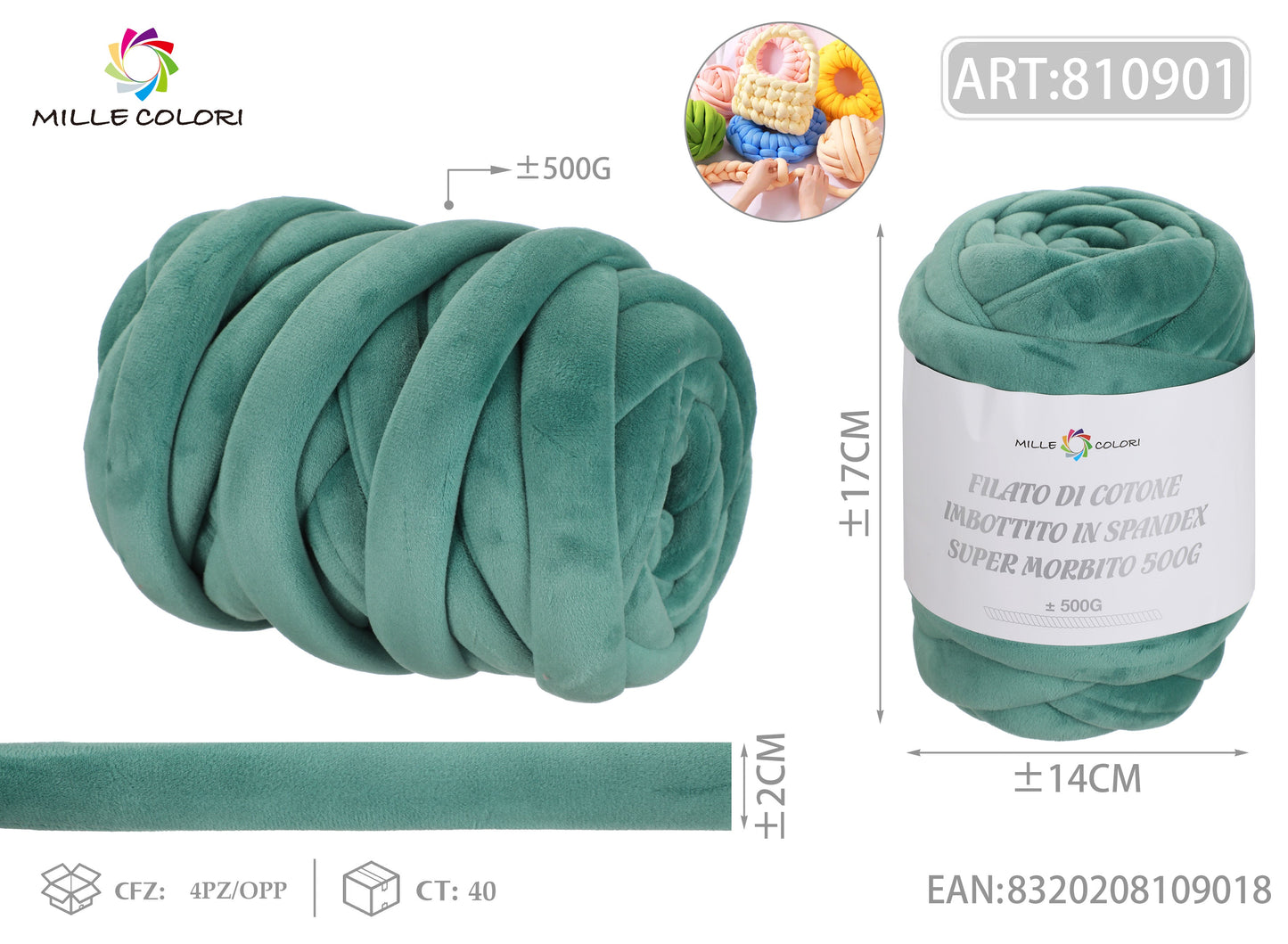 FILATO DI COTONE IMBOTTITO IN SPANDEX SUPER MORBITO 500G Verde salvia