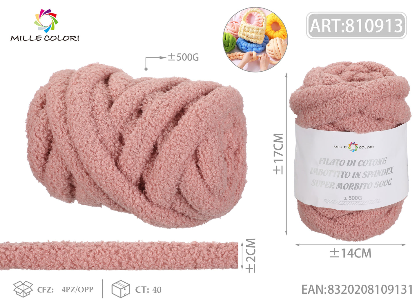 FILATO DI COTONE IMBOTTITO IN PELUCHE COCCOLOSO 500G Rosa