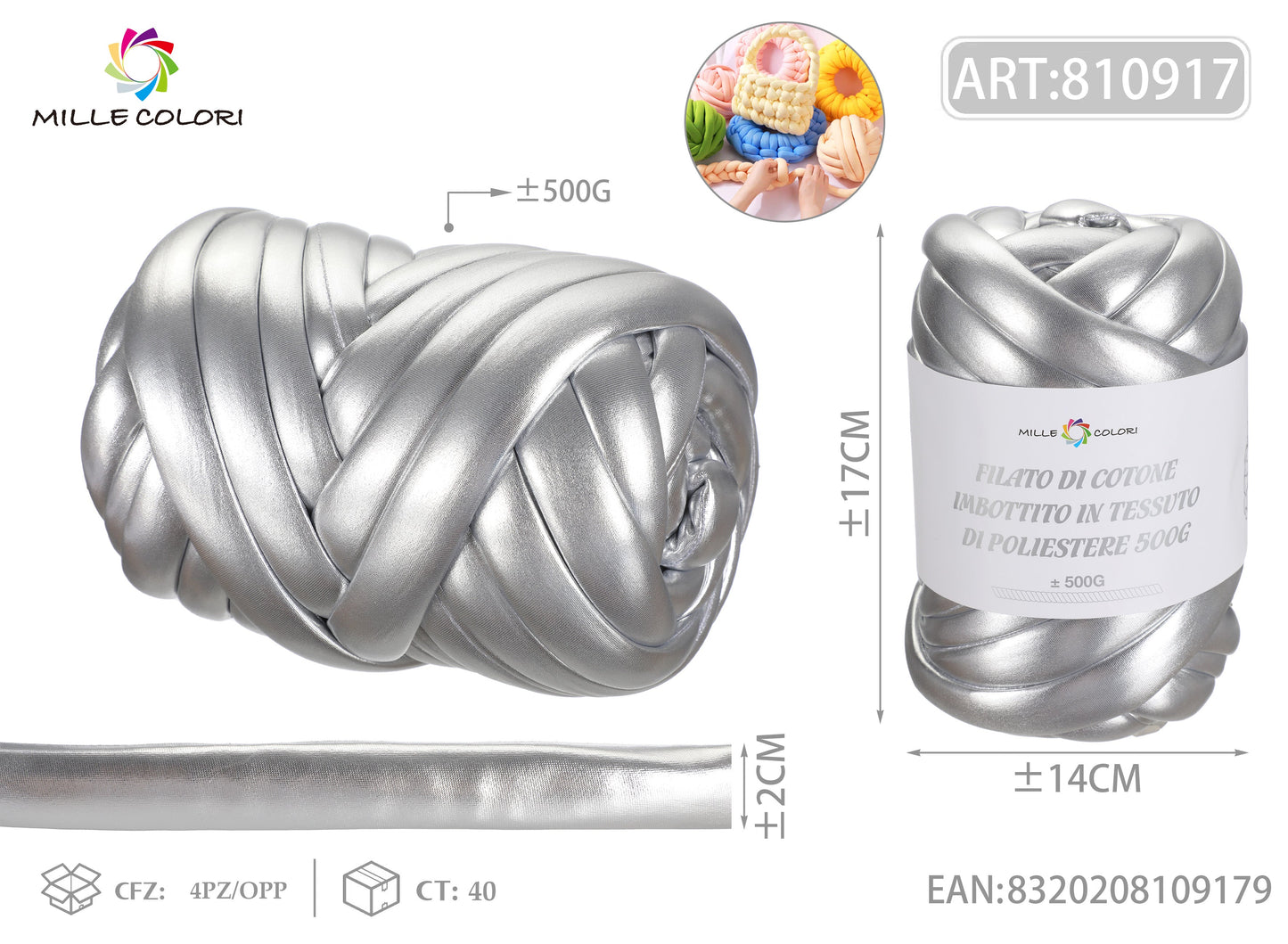 FILATO DI COTONE IMBOTTITO IN STILE METALLICO 500G Argento