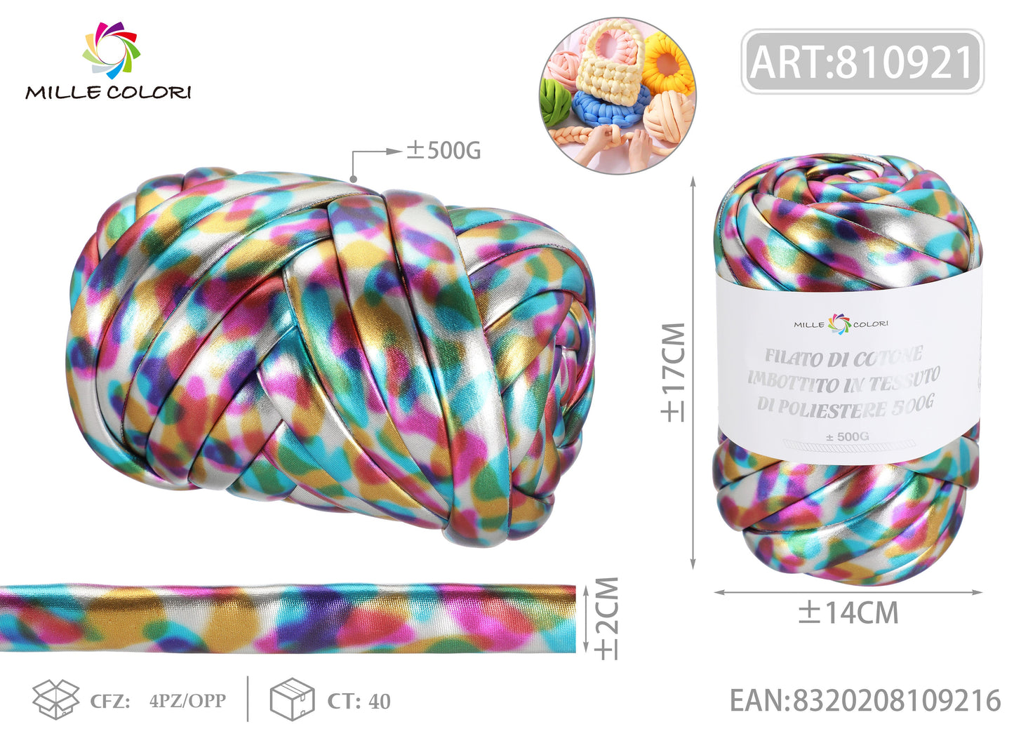 FILATO DI COTONE IMBOTTITO IN STILE METALLICO 500G Multicolore