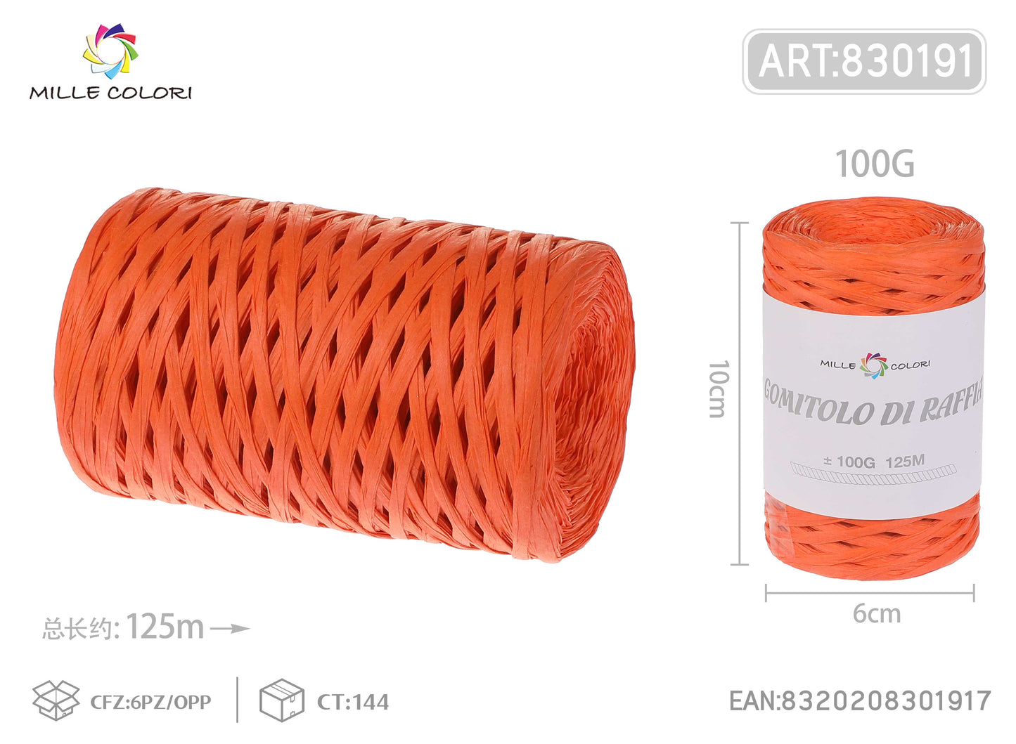 Gomitolo di rafia 100g 125m arancione