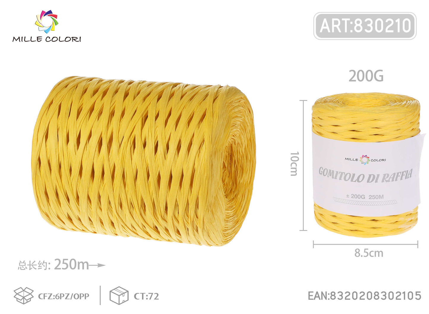 Gomitolo di rafia 200g 250m giallo