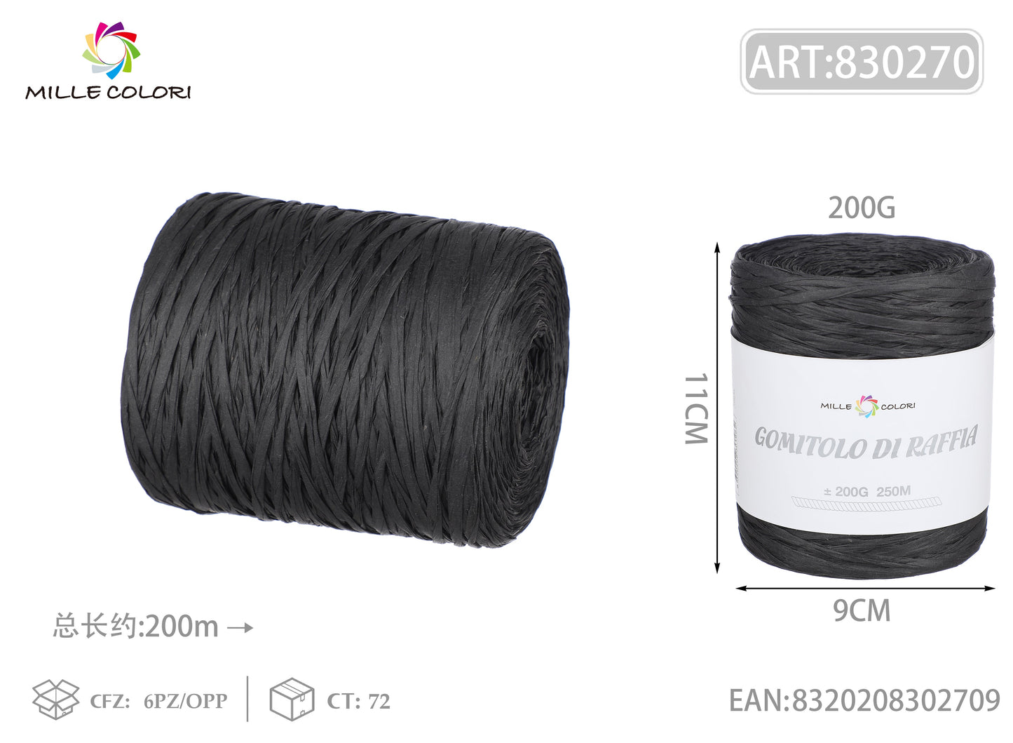 Gomitolo di rafia 200g 250m nero