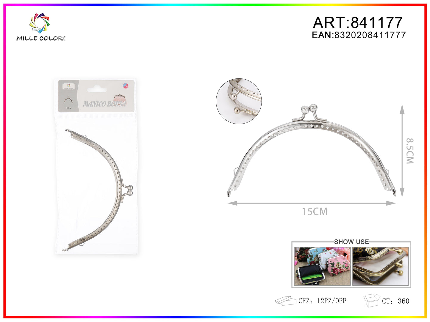 Chiusura clic clac per borse ad arco 15cm in metallo argento con sfere tonde e bordo decorato