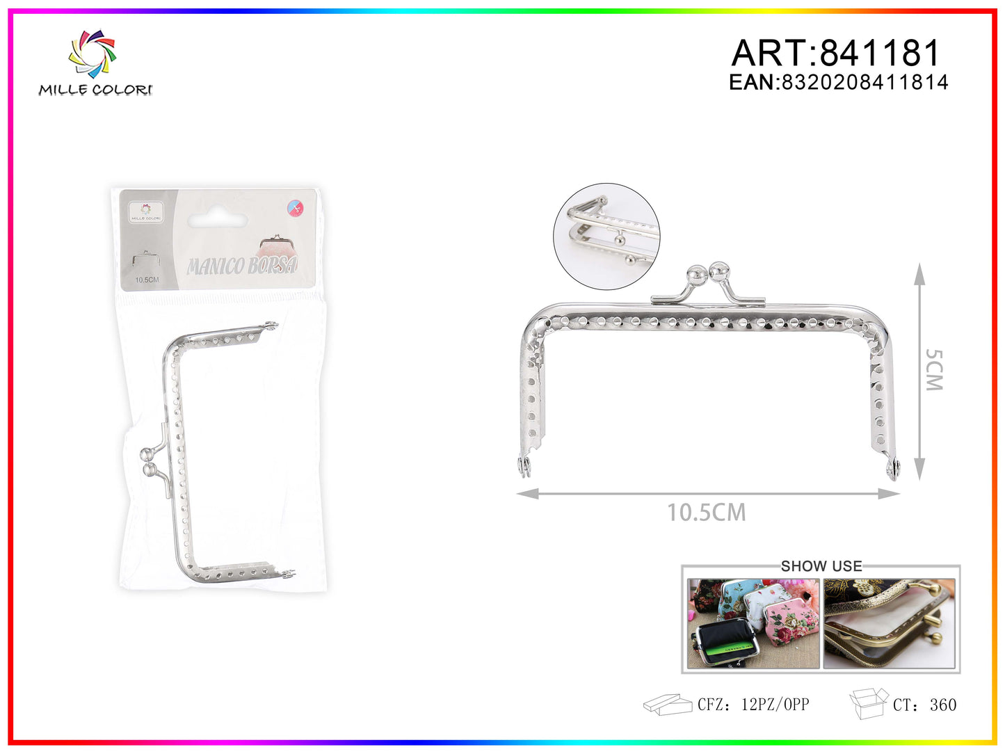 Chiusura clic clac per borse rettangolare 10.5cm in metallo argento con sfere tonde e bordo decorato