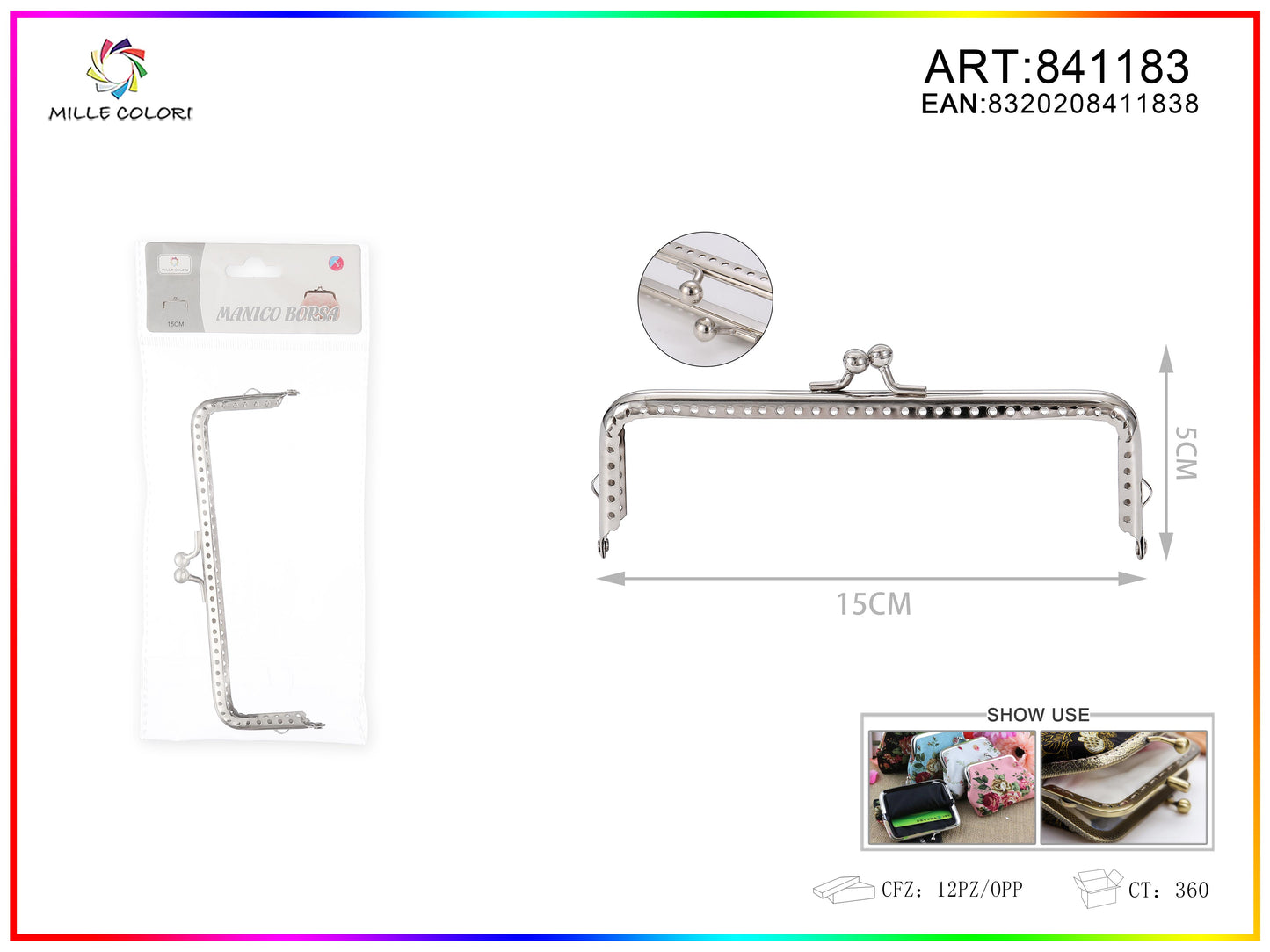 Chiusura clic clac per borse rettangolare 15cm in metallo argento con sfere tonde e bordo decorato