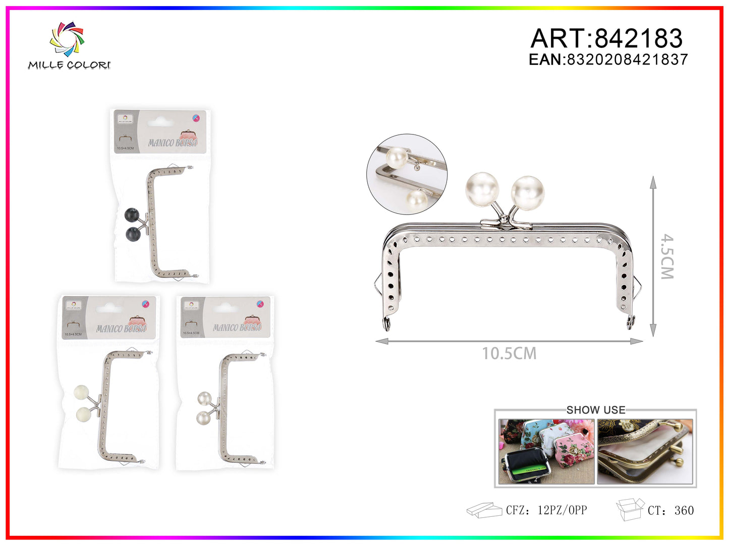 Chiusura clic clac per borse rettangolare 10.5cm in metallo argento con perle bianche e profilo liscio