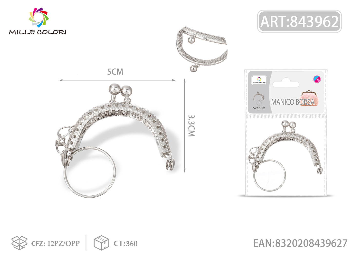 Chiusura clic clac per borse portachiavi semicircolare 5 x 3.3cm in metallo argento con anello