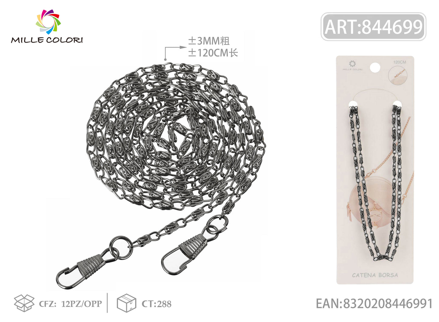 Catena per Borsa Tracolla in Metallo Dorato con Moschetton - 120 cm/3mm