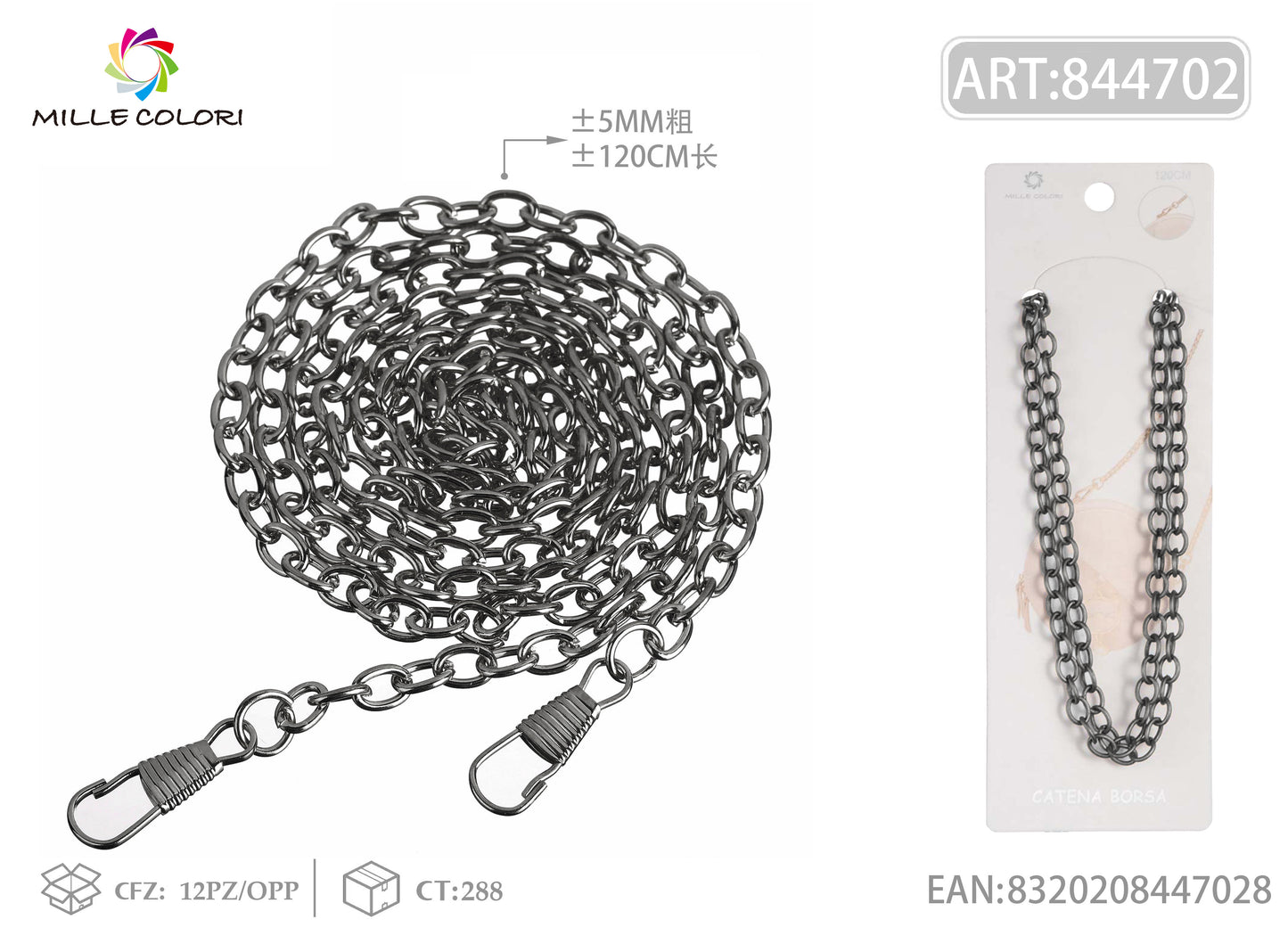 Catena per Borsa Tracolla Dorata in Metallo con Maglie Spesse e Moschettoni - 120 cm/5mm