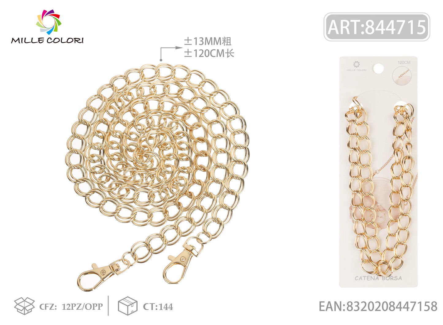 Catena per Borsa Tracolla in Metallo Dorato con Maglia XXL e Moschettoni - 120 cm/13mm