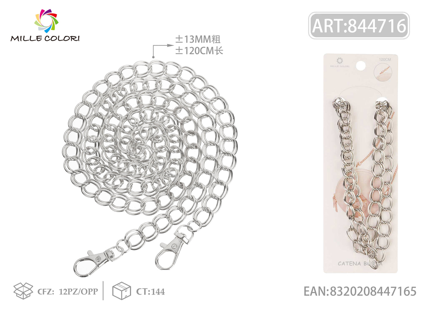 Catena per Borsa Tracolla in Metallo Dorato con Maglia XXL e Moschettoni - 120 cm/13mm