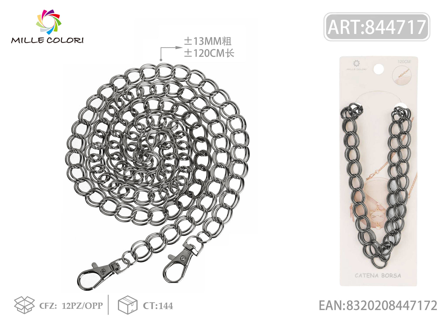 Catena per Borsa Tracolla in Metallo Dorato con Maglia XXL e Moschettoni - 120 cm/13mm