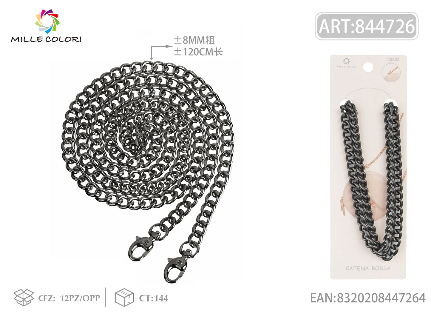 Catena per Borsa in Metallo Dorato Tracolla con Maglia e Moschettoni - 120 cm/8mm