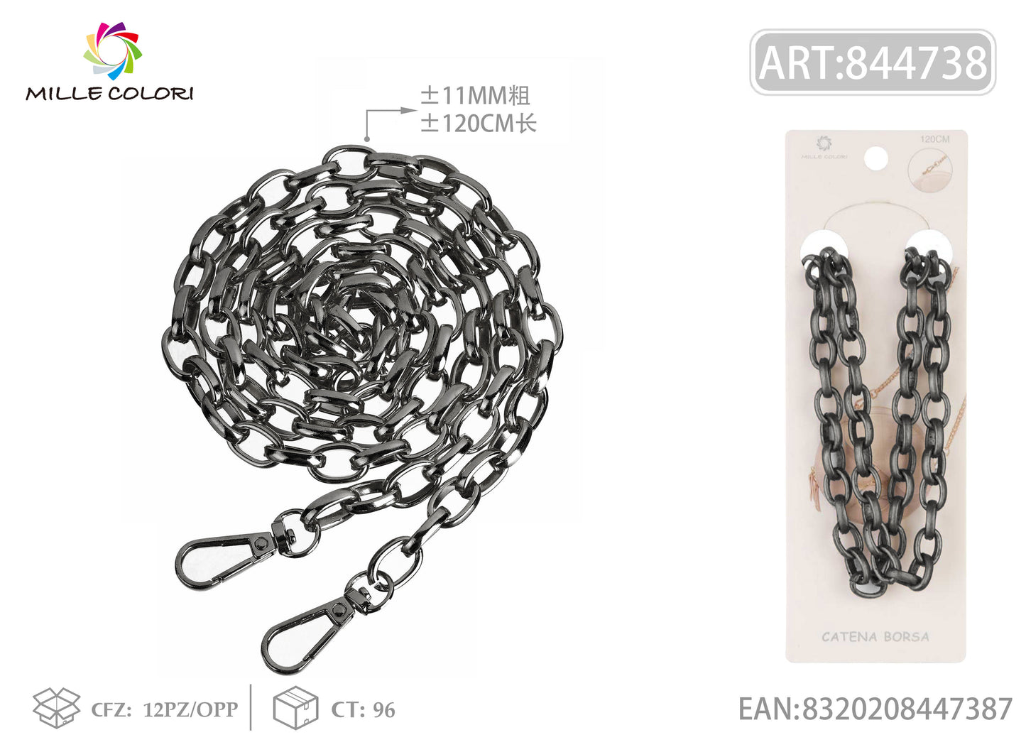Catena per Borsa in Metallo Dorato Tracolla Rimovibile con Moschettoni - 120 cm/11 mm