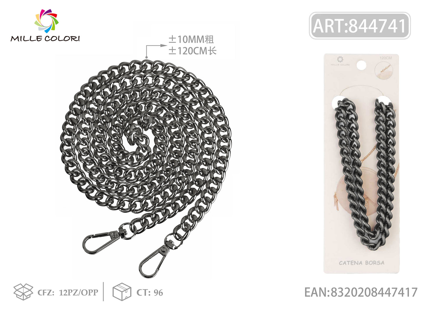 Catena Dorata per Borsa – Tracolla in Metallo Intrecciato con Gancia - 120cm / 10mm