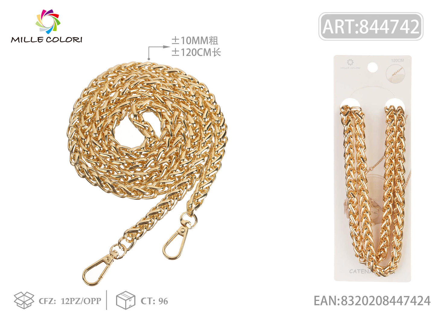 Catena Dorata per Borsa Tracolla in Metallo Intrecciato con Ganci - 120cm / 10mm