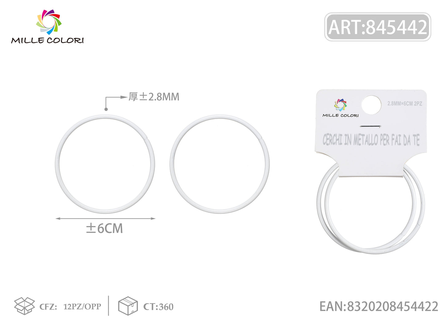 Cerchi in metallo per borse 2.8mm*6cm 2pz bianco 2pz