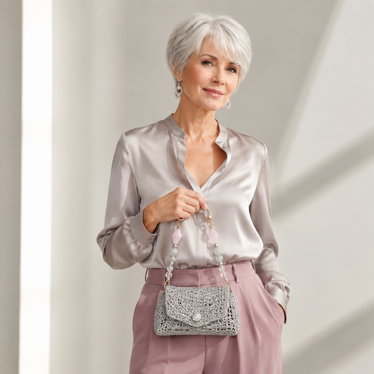 Manico Cristallo Argento e Lilla con Perle Decorative – 32 cm | SKU 845731 | Immagine 2 di 3 | Borsa indossata con la catena