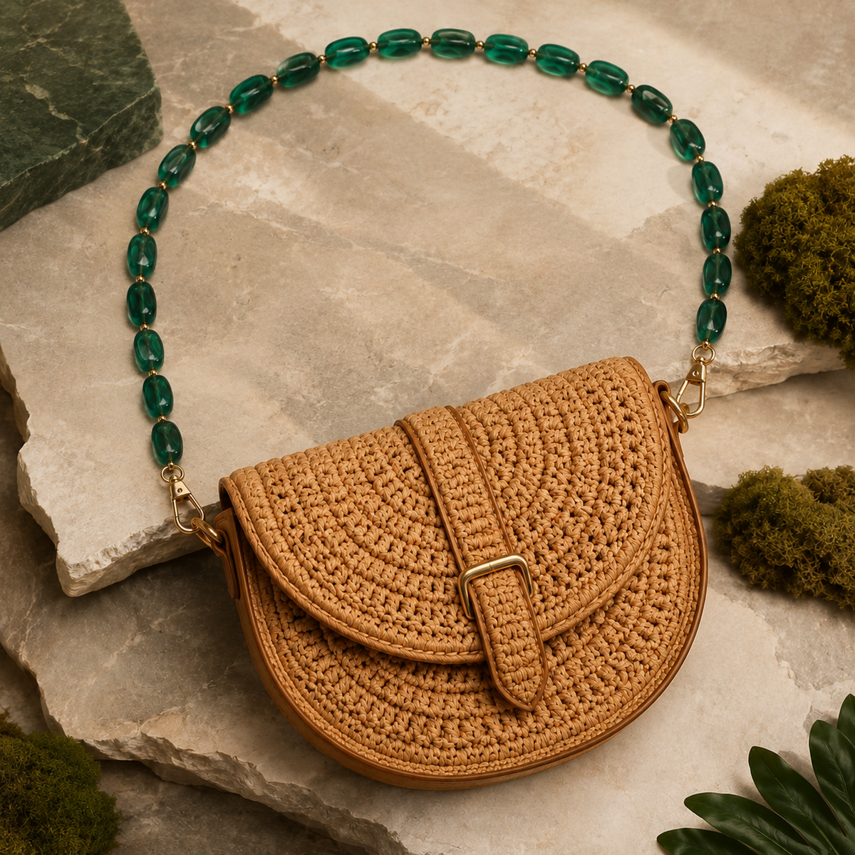 Tracolla Verde Smeraldo con Elementi Ovali – 74 cm | SKU 845741 | Immagine 3 di 3 | Borsa completa con la catena coordinata