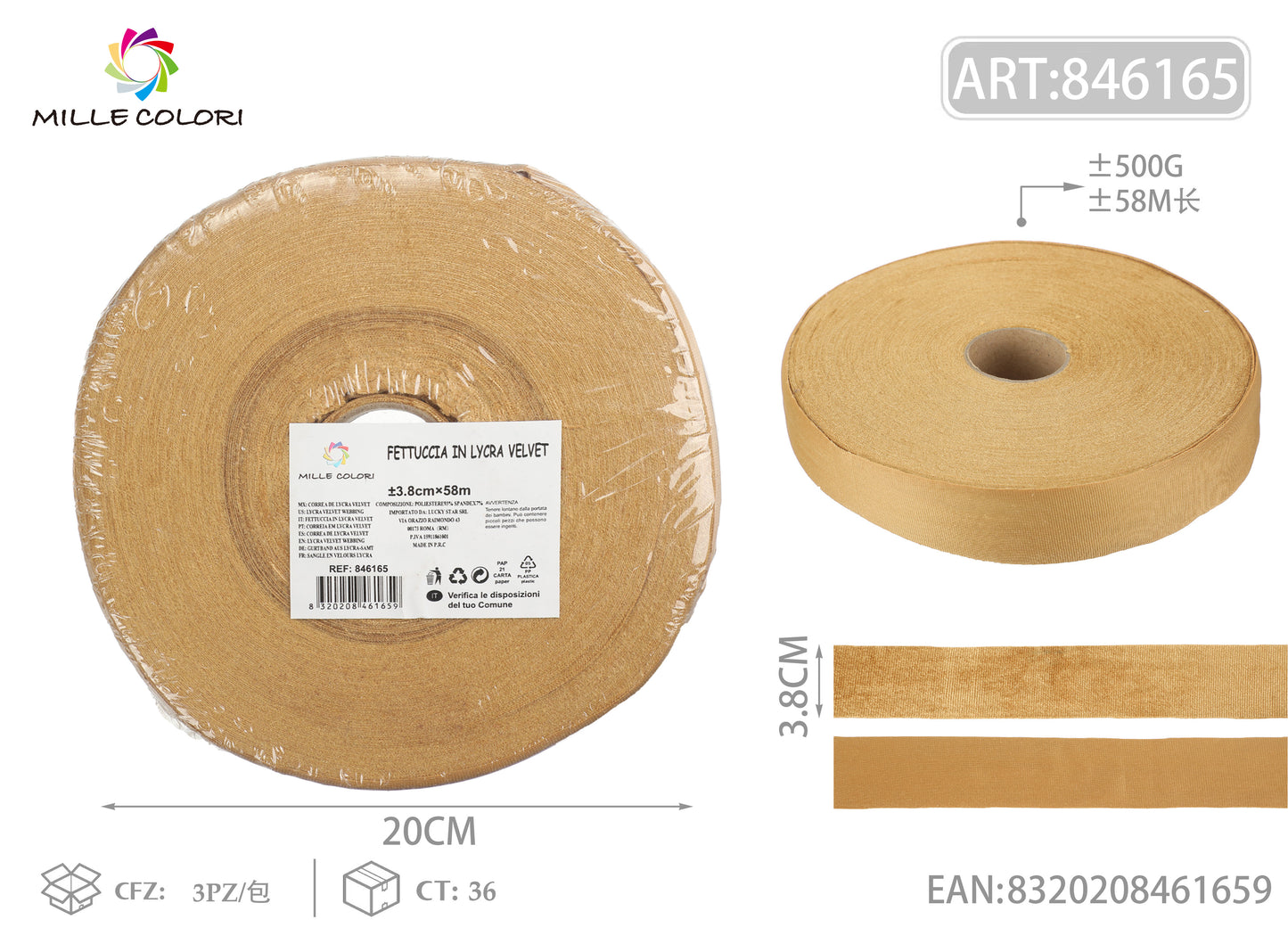 FETTUCCIA PIZZA VELLUTO 500g 3.8CMx58M ORO ANTICO-MILLE COLORI
