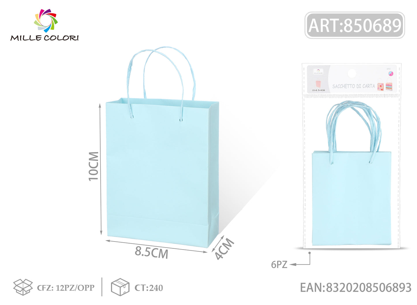 Sacchetto di carta 10x8.5x4cm 6pz azzurro