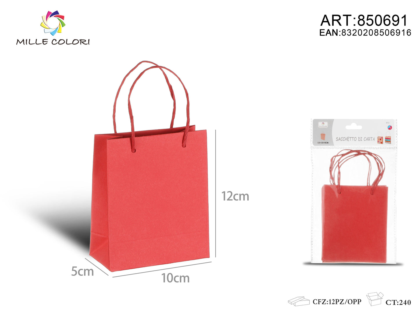 Sacchetto di carta 12x10x5cm 6pz rosso