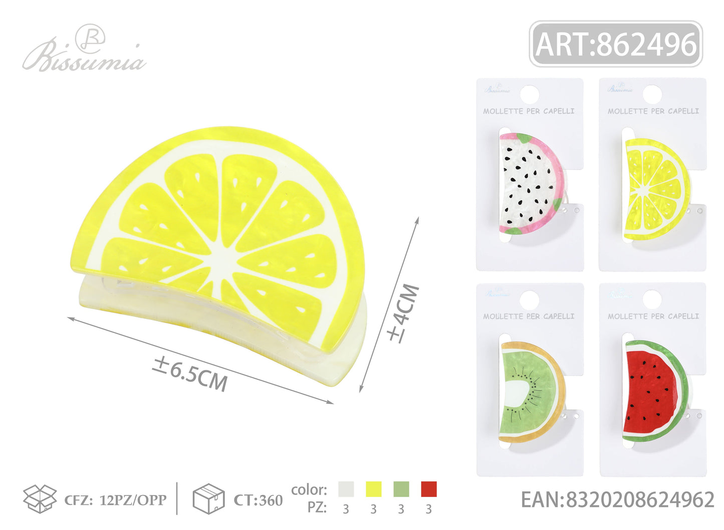 Set 4pz Mollette per Capelli Frutta Double Face 6.5cm