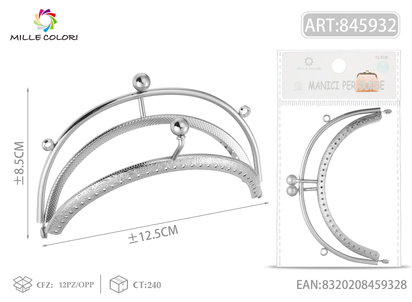 Chiusura clic clac per borsa argento 12,5x8,5 cm con manico semicircolare Mille Colori per clutch, pochette e handmade