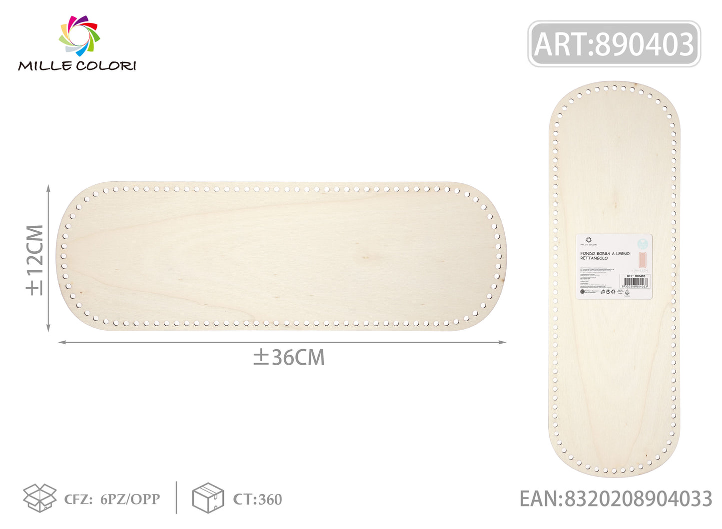 Fondo ovale in legno 36x12cm per borse artigianali, prodotto originale brand Mille Colori