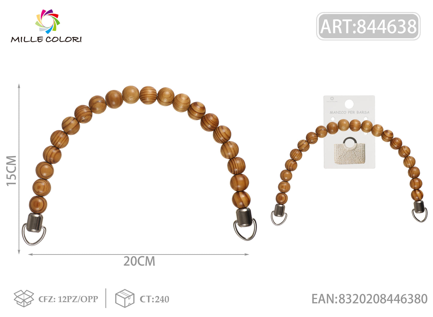 Manico per borsa con perle in legno 20x15 cm Mille Colori con anelli terminali per borse fai da te e handmade