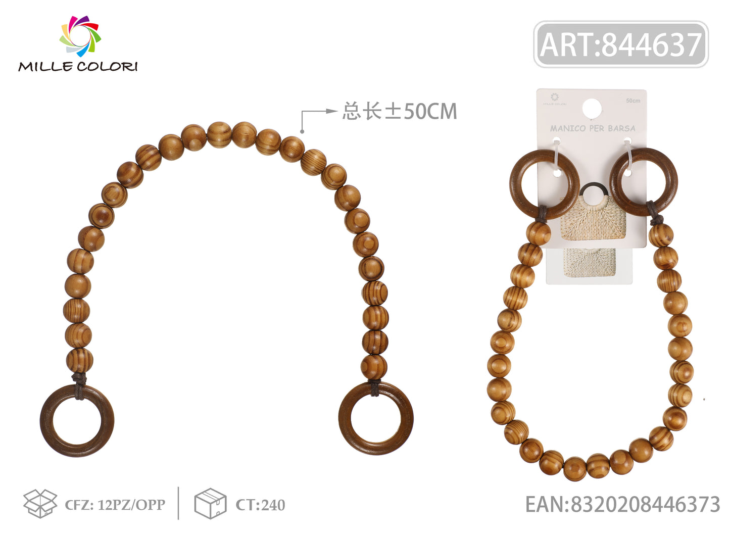 Manico per borsa con perle in legno 50 cm Mille Colori con anelli terminali per shopper e handmade