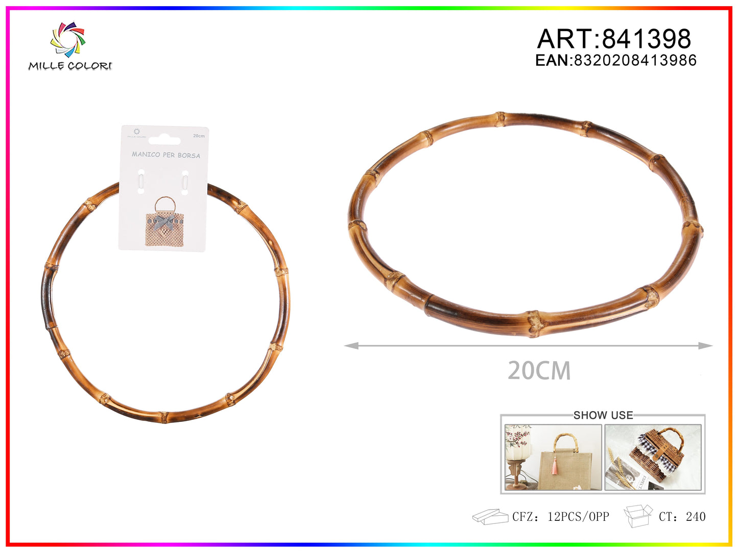 Manico per borsa in bambù ovale 20 cm Mille Colori per borse fai da te e handmade