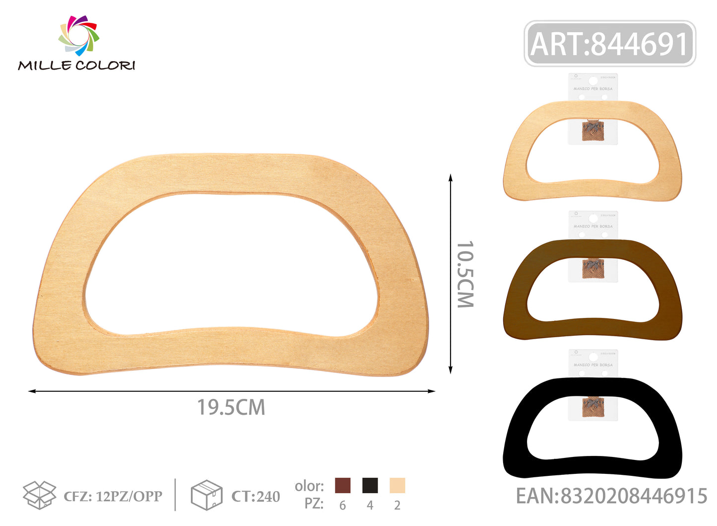 Manico per borsa in legno sagomato 19,5x10,5 cm Mille Colori per borse fai da te e handmade