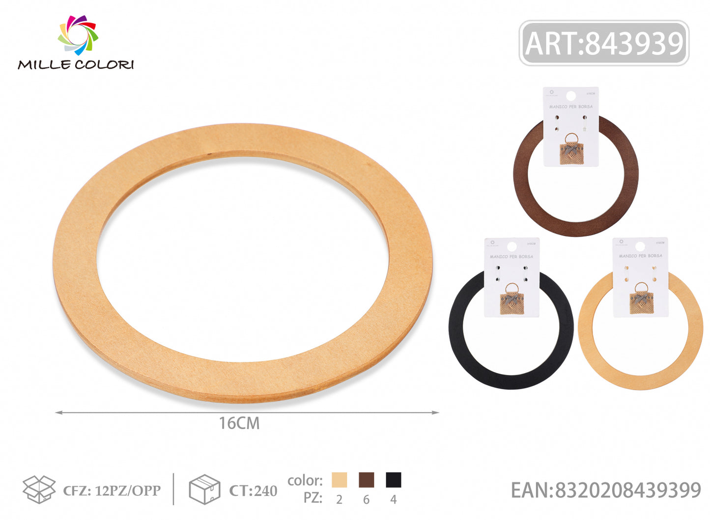 Manico per borsa ovale in legno 16 cm Mille Colori per borse fai da te e handmade