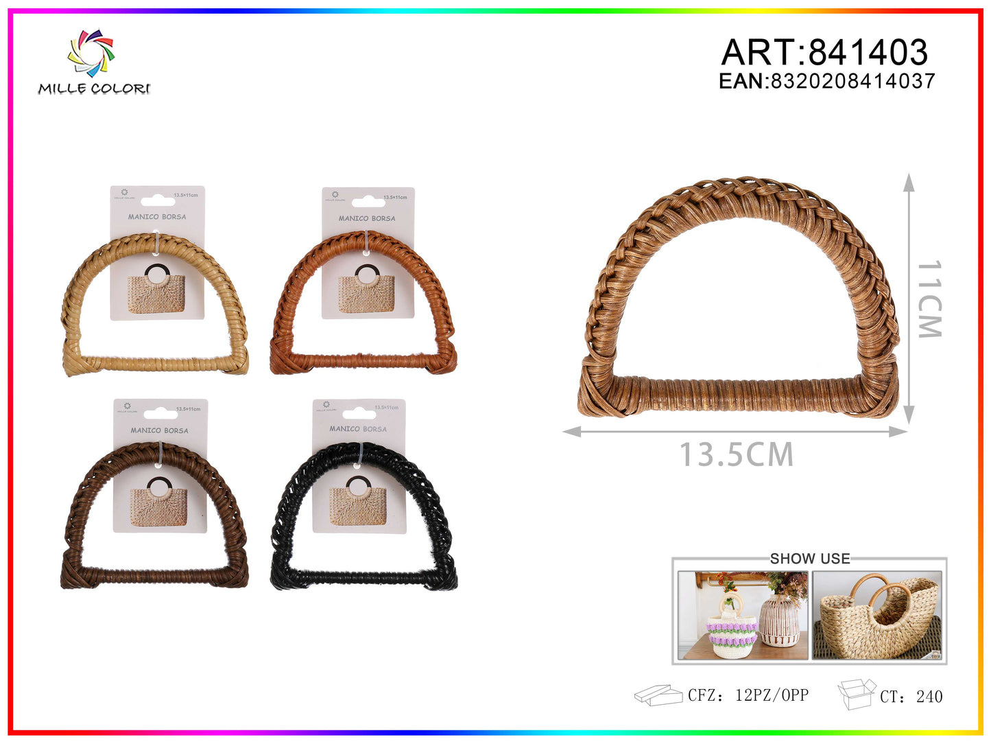 Manico per borsa semicircolare intrecciato 13,5x11 cm Mille Colori per borse fai da te e handmade