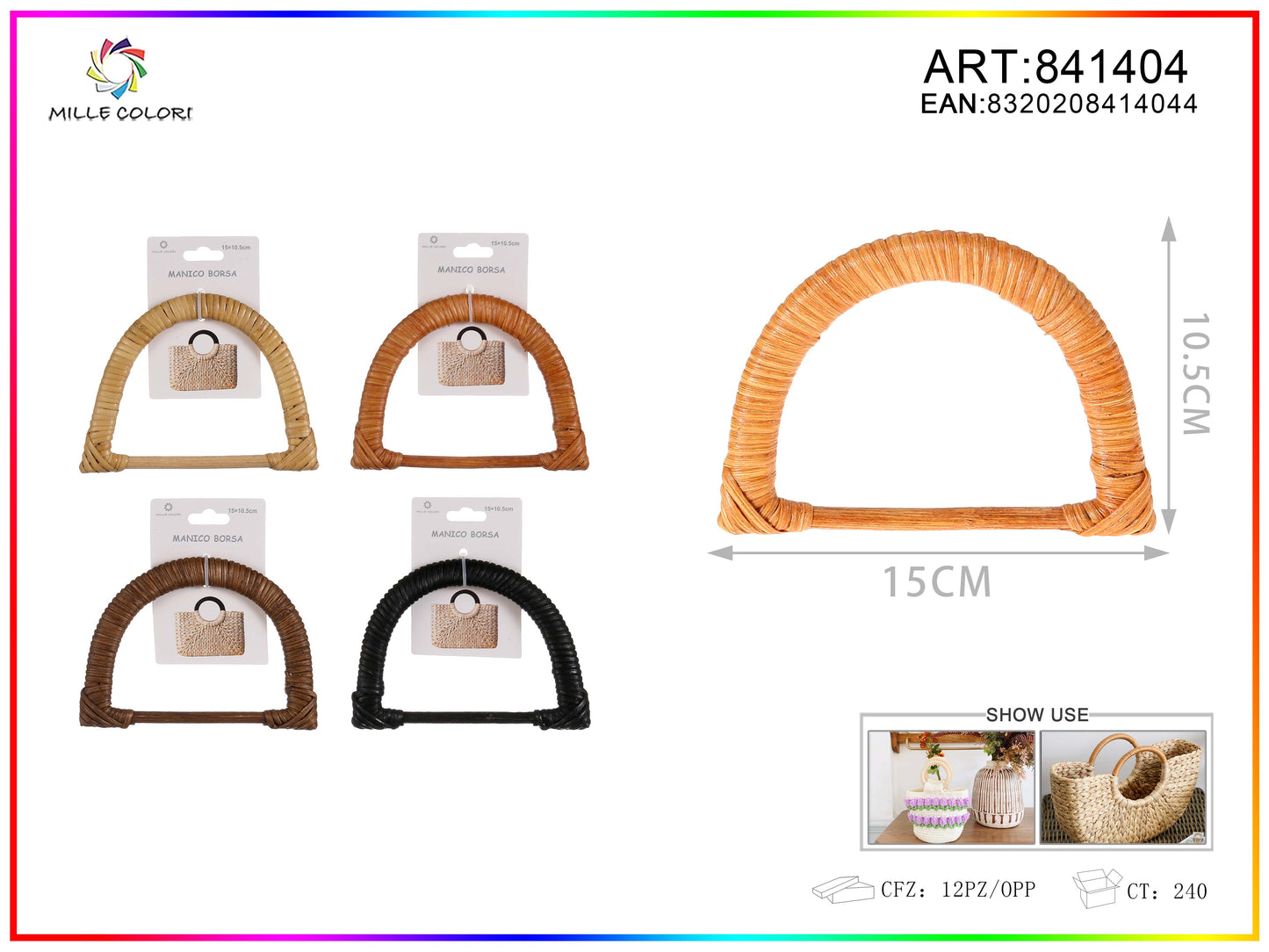 Manico per borsa semicircolare intrecciato 15x10,5 cm Mille Colori per borse fai da te e handmade