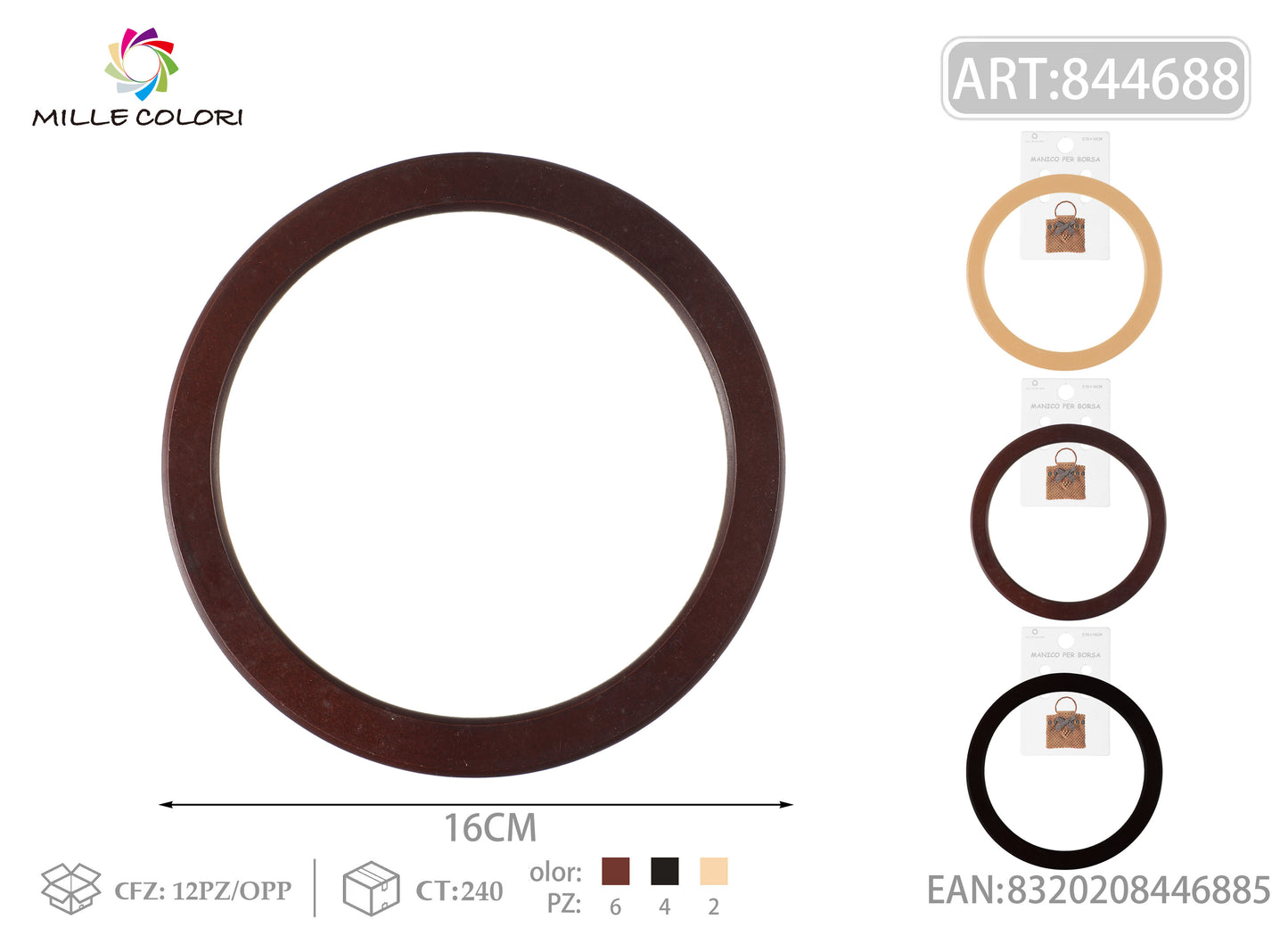 Manico per borsa tondo in legno 16 cm Mille Colori per borse fai da te e handmade