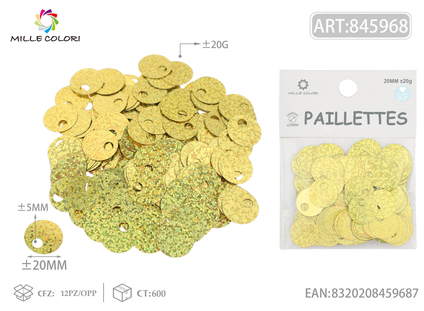 Paillettes tonde oro olografiche 20mm Mille Colori per borse fai da te e decorazioni handmade