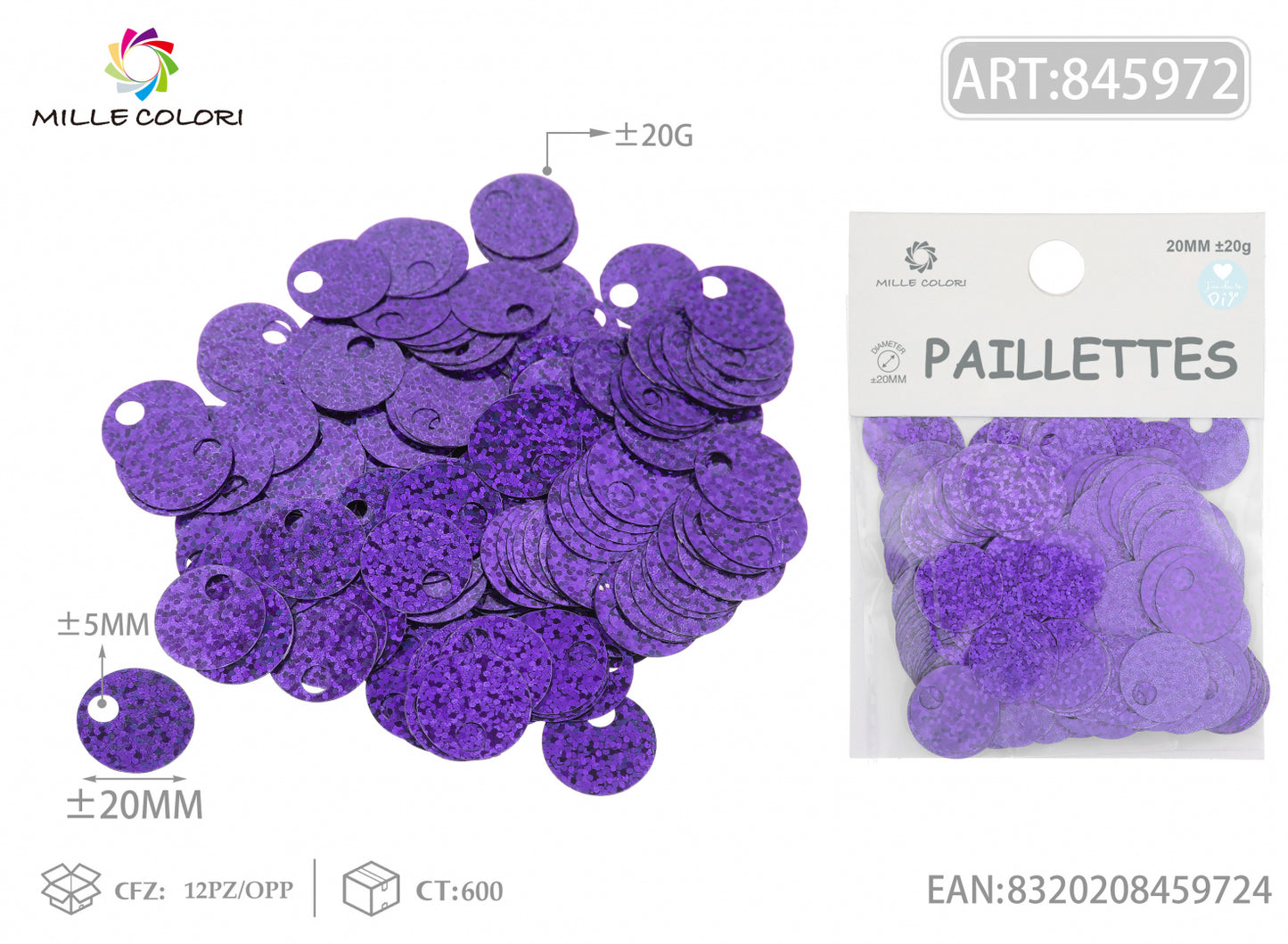 Paillettes tonde viola olografiche 20mm Mille Colori per borse fai da te e decorazioni handmade