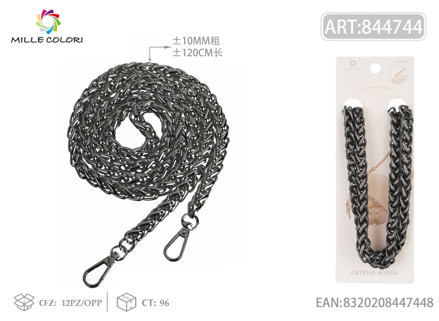 Catena dorata per borsa in metallo intrecciato 120CM 10MM nero Mille Colori colori