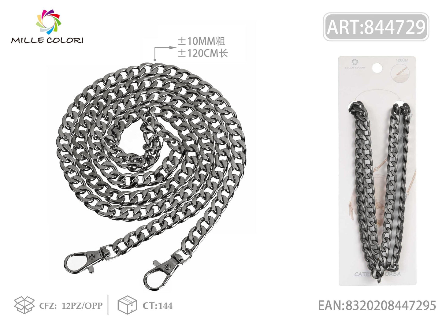 Catena per borsa in metallo dorato 120CM 10MM nero con moschettoni Mille Colori