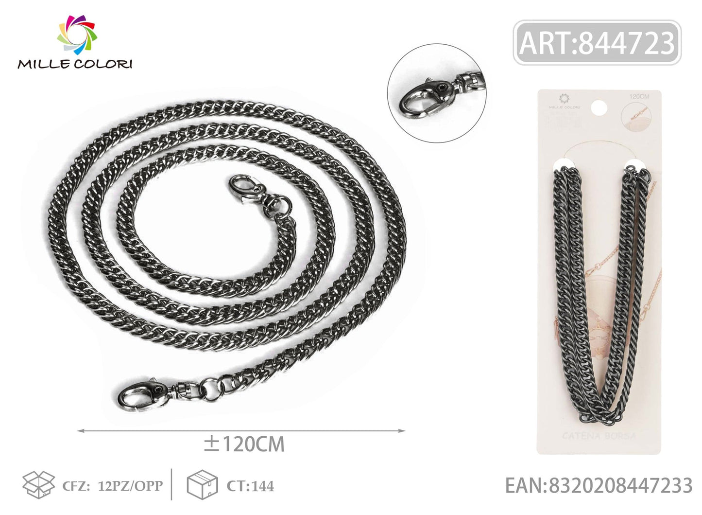 Catena per borsa in metallo nero 120CM con moschettoni Mille Colori