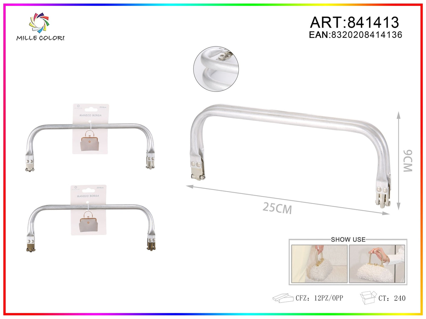 Chiusura a molla per clutch in metallo con manico 25x9CM - WE MAKE DIY - MILLE COLORI