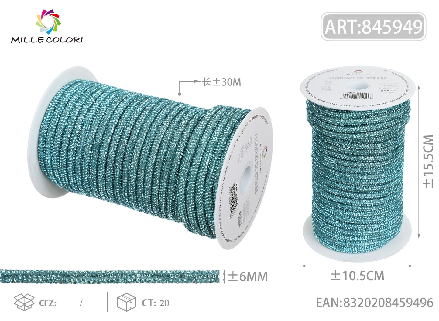 Cordino Strass Turchese per Borse Handmade – Rotolo 30 Metri | Mille Colori - WE MAKE DIY - MILLE COLORI