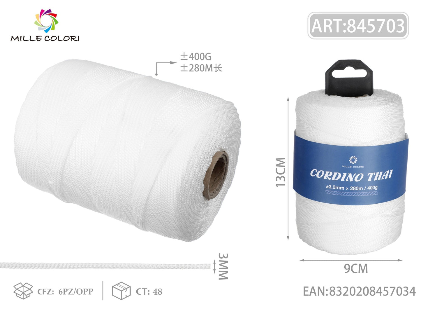 CORDINO THAI BIANCO 3MM 300M 400G - MILLE COLORI - WE MAKE DIY - MILLE COLORI